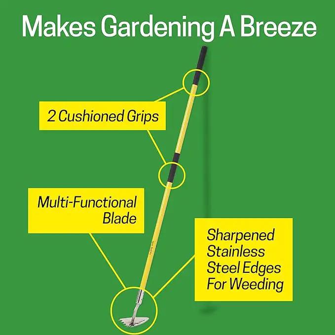 Spear Head Hoe Garden Tool - Long Handle Hoe with 59" Fiberglass Handle, 2 Cushioned Grips, & Stainless Steel Blade with Sharpened Edges & Rake - Multipurpose Garden Hoe for Weeding & More (Yellow) by GreenHaven Gardens