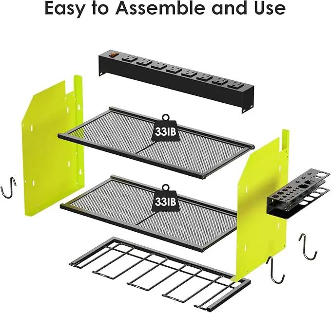 CCCEI Modular Power Tool Organizer Wall Mount with Charging Station. Garage 4 Drill Storage Shelf with Hooks, Screwdriver, Drill Bit Heavy Duty Rack, Tool Battery Holder Built in 8 Outlet Power Strip. by GreenHaven Gardens
