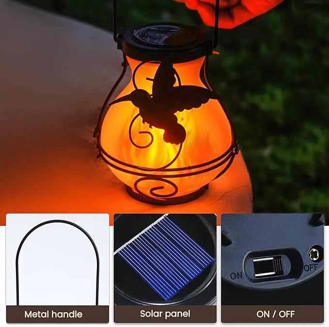 2 Pack Solar Flickering Flame Lights,Outdoor Upgraded Metal Lantern for Hanging Solar Powered Waterproof LED Flame Glass Lanterns for Patio Garden Christmas Halloween Decorations by GreenHaven Gardens