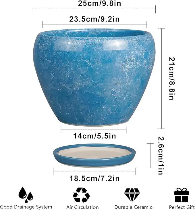 10 Inch Planter Pot - Ceramic Pots for Plants with Drainage Hole and Saucer, Round Large Flower Pot for Indoor Plants, Blue by GreenHaven Gardens