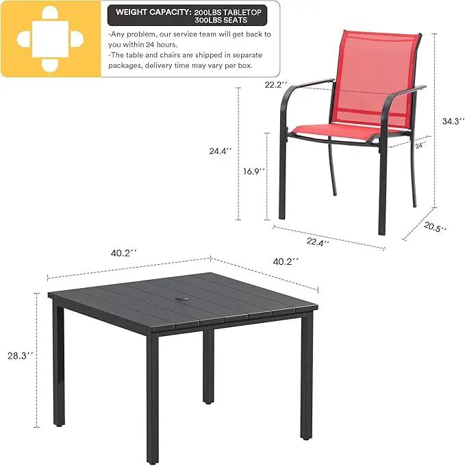 VICLLAX Patio Dining Set for 4, Outdoor Furniture Set Includes 1 Square Patio Table and 4 Stacking Patio Sling Chairs, Black Tabletop and Red Fabric by GreenHaven Gardens