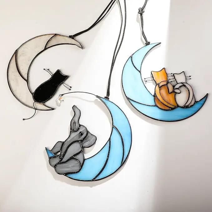 HDCRYSTALGIFTS Glass Elephant Ornament Stained Glass Window Hanging Decor, Modern Design Elephant on Moon with Star Collectibles Handcrafted Sun Catcher Gifts for Birthday Women by GreenHaven Gardens