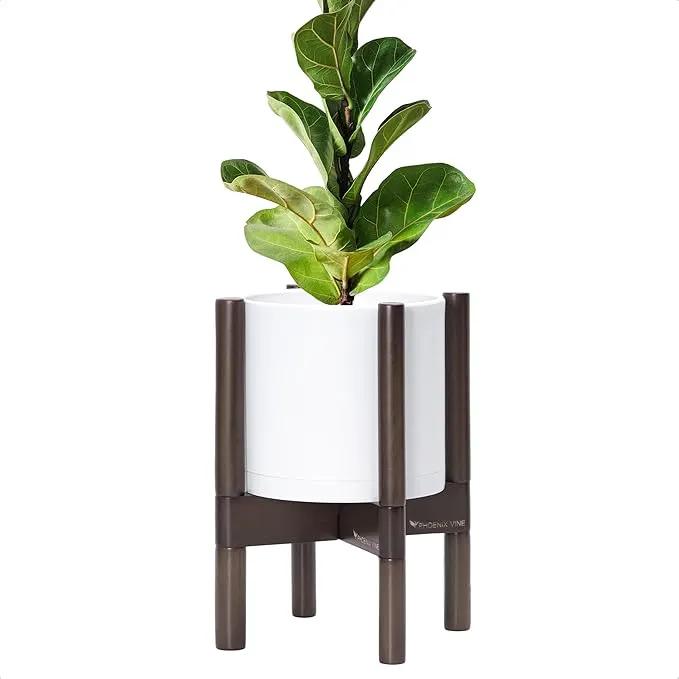 D'vine Dev Planter Pot with Stand - 8 Inch Plastic Cylinder Flower Pot with Wood Planter Holder for Indoor, Matte White Pot + Walnut Color Stand, 55-C-I-1 by GreenHaven Gardens