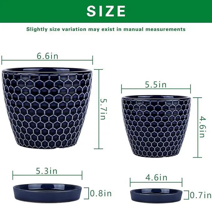 Docrin Ceramic Plant Pots Indoor: 6.6 + 5.5 Inch Planters with Drainage Holes and Saucer for Home/Office - Set of 2 /Blue Honeycomb by GreenHaven Gardens