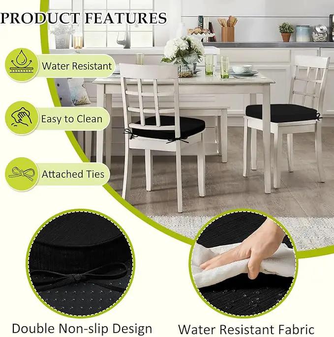 Chair Cushions for Dining Chairs, Indoor Chair Cushions with Ties，Waterproof Chair Pads Set of 6, Black, 17x16x2.5 Inch by GreenHaven Gardens