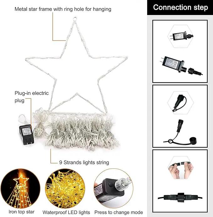 Christmas Star String Lights, 320 LED Waterfall Tree Lights with 13" Topper Star 8 Lighting Modes Indoor Outdoor Halloween Decorations for Holiday, Wedding, Party (Warn White) by GreenHaven Gardens
