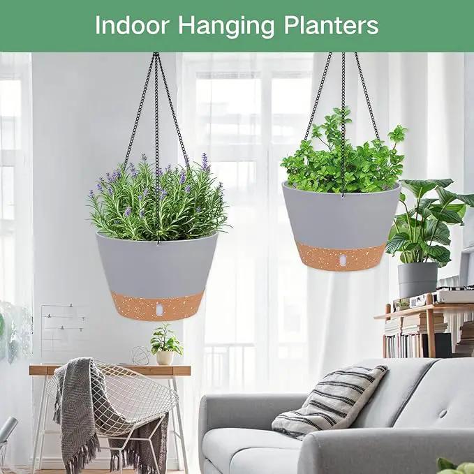QCQHDU 2 Pack 10 inch Hanging Planters for Indoor Plants, Outdoor Hanging Baskets, Self Watering Pots with Drainage Holes & Removable Tray (Light Grey, 10 inch) by GreenHaven Gardens