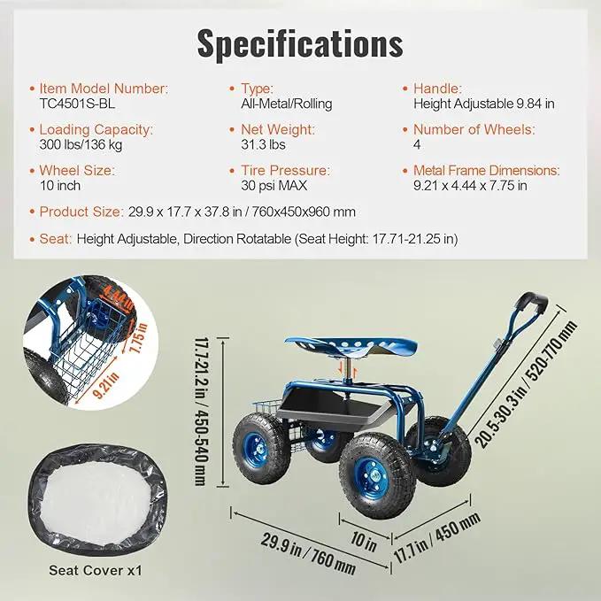 VEVOR Rolling Garden Work Seat with Wheels, Gardening Stool for Planting, 360 Degree Swivel Seat, Garden Scooter with Steering Handle & Tool Tray, Garden Chair for Outdoor, Patio and Yard, Blue by GreenHaven Gardens