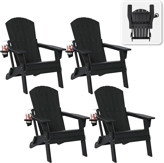 Folding Adirondack Chair Set of 4 with Cup Holder, HDPE All Weather Resistant Plastic Outdoor Patio Chairs, Heavy Duty Fire Pit Seating for Backyard Lawn Garden, Wooden Textured Design(Black) by GreenHaven Gardens