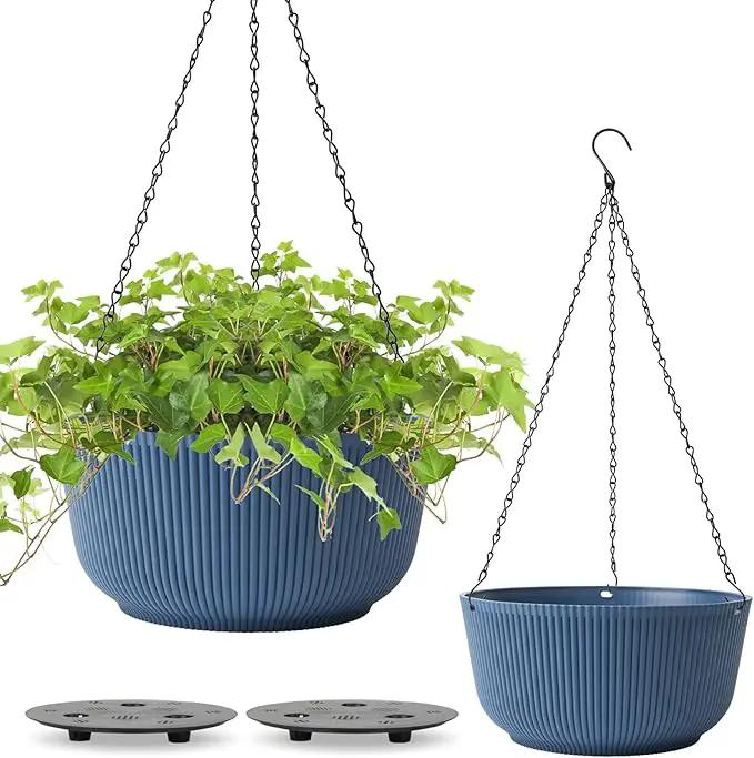 T4U 12 Inch Large Hanging Planters for Outdoor Plants, 2 Pack Self Watering Hanging Pots Indoor, Hanging Baskets for Plants,Hanging Flower Pot with Drainage Hole and Plant Hanger, Blue by GreenHaven Gardens