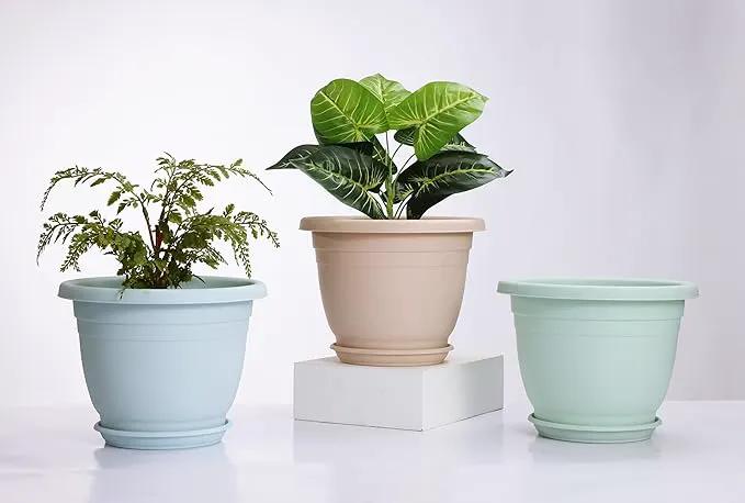 5 Packs 10 inch Plant Pots + Saucer, Planters for Indoor & Outdoor Plants with Drainage Holes | Plastic Flower Pots, Large Planter (White, 10 inch) by GreenHaven Gardens