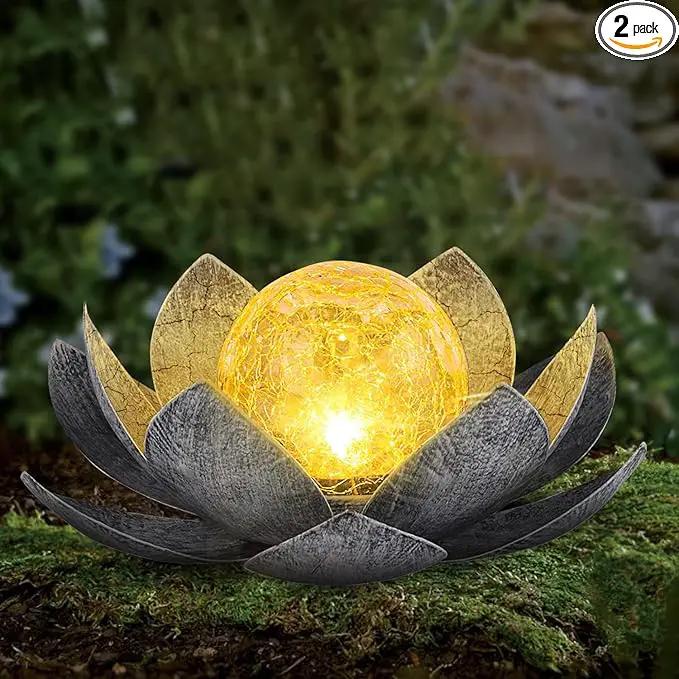 Garden Solar Light Outdoor(2Pack), Amber Crackle Globe Glass Lotus Decoration, Waterproof Gary Metal LED Flower Lights for Patio,Lawn,Walkway,Tabletop, Garden Gifts for Women by GreenHaven Gardens
