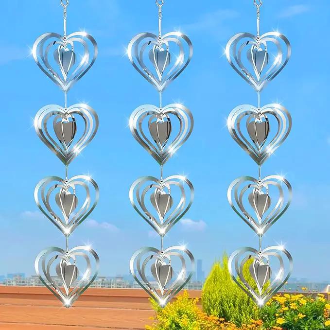 12 Metal Heart Bird Scarer Discs Set, Wind Spinners 3D Helix Reflector Stainless Steel Sparkly Outdoor Garden Decor, Scare Birds & Animals Away from Garden Yard Patio Lawn Farm Wind Sculpture Gifts by GreenHaven Gardens