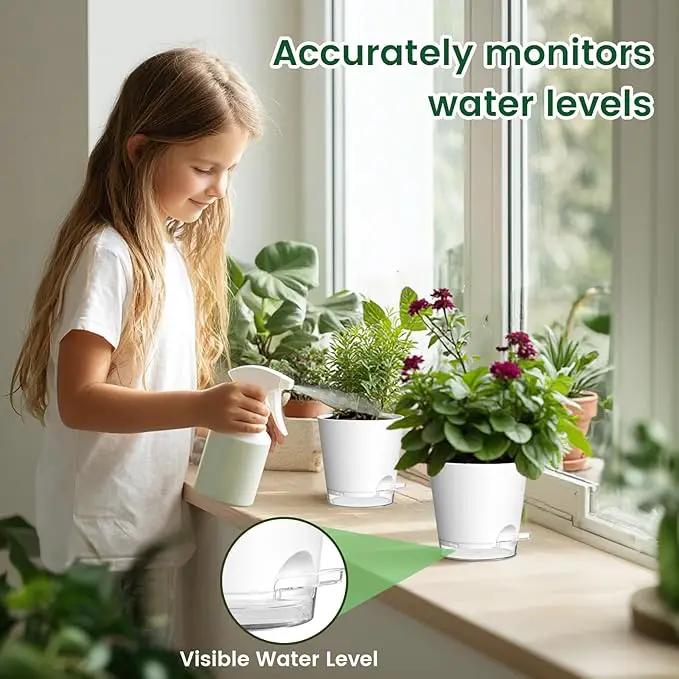 6 inch Self Watering Pots for Indoor Outdoor Plants, 6 Pack Flower Plant Pots with Drainage Holes and Clear Reservoirs, Visible Water Level, Plastic Planters with Wicking Rope, White by GreenHaven Gardens