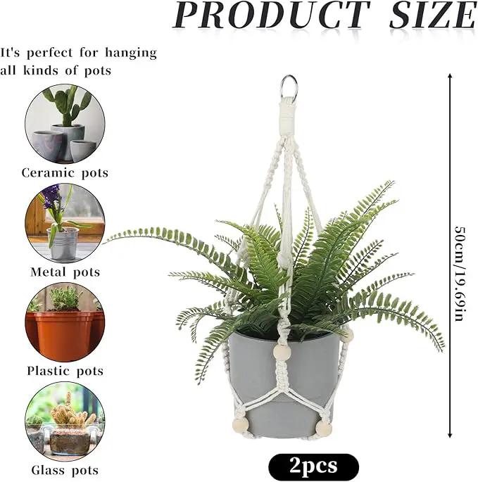 Macrame Plant Hanger Indoor, 2 Pack Boho Decor Hanging Plant Holder Hanging Planters for Indoor Plants Window Plant Hanger Flower Pot Hanging Basket with Wood Beads and Metal Hook Rings Ivory 20 Inch by GreenHaven Gardens