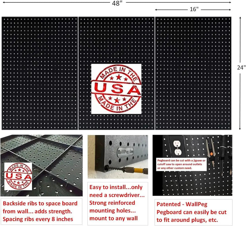 WallPeg 24" x 48" Garage Pegboard Kit (PK-3-B) with Peg Board Panels, Hooks for Tool Organizer, Garage Storage by GreenHaven Gardens
