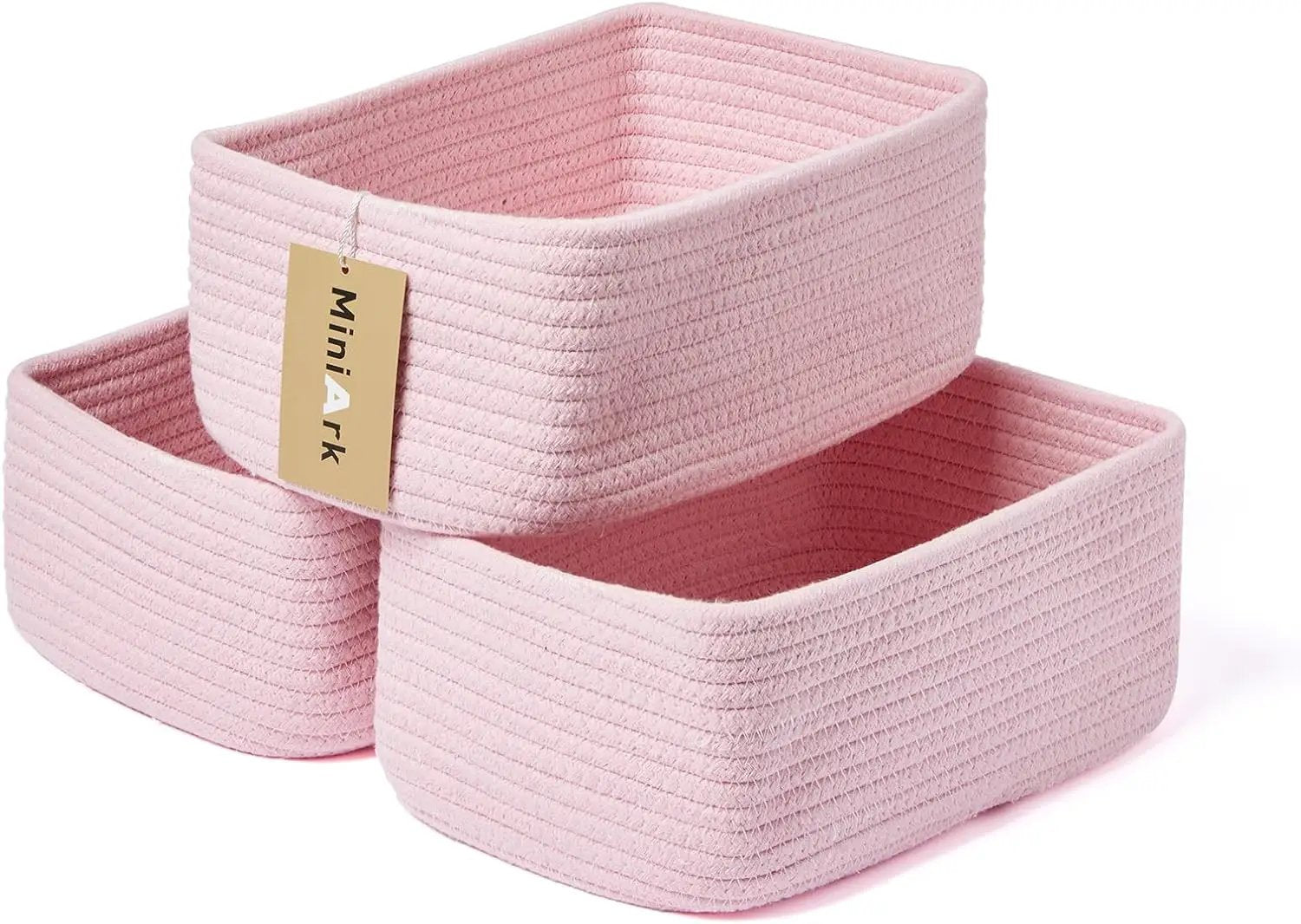 Small Storage Baskets for Organizing | Closet Organizer Bins | Shelf Toy Basket | Woven Rope Baskets | Cube Decorative Box | Shallow Basket | 11.5x7.5x4.7” | 3 Packs Pink by GreenHaven Gardens