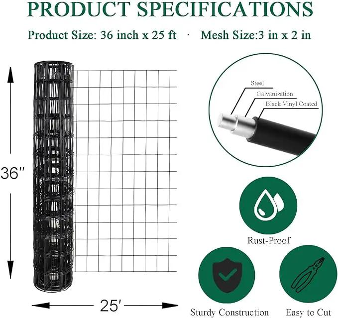 Black PVC Coated Welded Wire Fence 36 Inch x 25 Foot, 2 Inch x 3 Inch 16GA, Garden Border Fencing Roll Vinyl Coating Metal Wire Mesh for Yard Vegetable Plant Protection Poultry Netting by GreenHaven Gardens