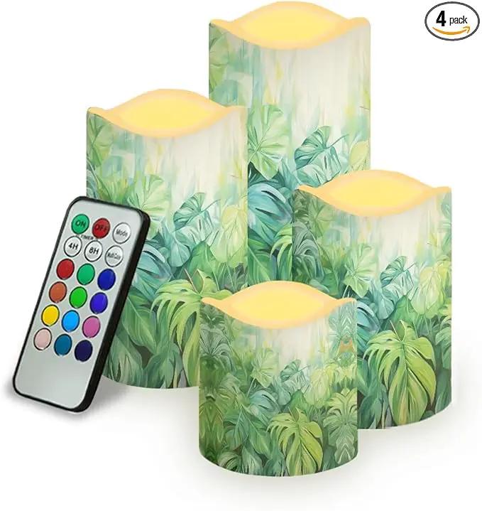 Ystardream Tropical Leaf Flameless Candles with Remote Battery Operated Candles Realistic LED Candles with Remote and Timer Set of 4 for Home Wedding Birthday Decorations by GreenHaven Gardens
