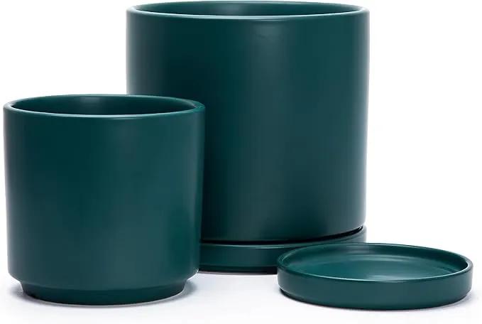 D'vine Dev 6 Inch & 8 Inch Ceramic Planter Pots for Plants with Drainage Hole and Saucer, Medium Plant Pots Set, Teal, 94-G-M-9 by GreenHaven Gardens