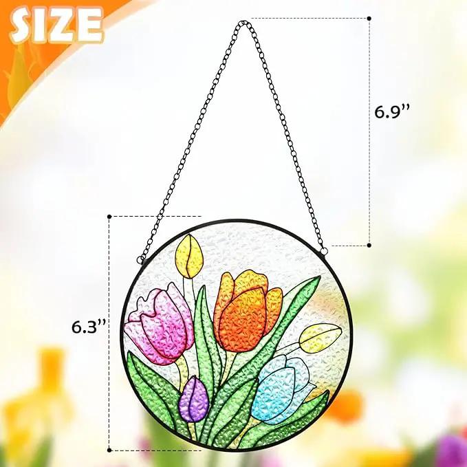 Tuitessine Tulip Suncatcher Stained Glass Window Hanging Panels, 6.3''x6.3'' Round Handmade Hanging Ornament with Chain, Garden Patio Wall Decor Flower Gift for Mom Teachers Friends by GreenHaven Gardens