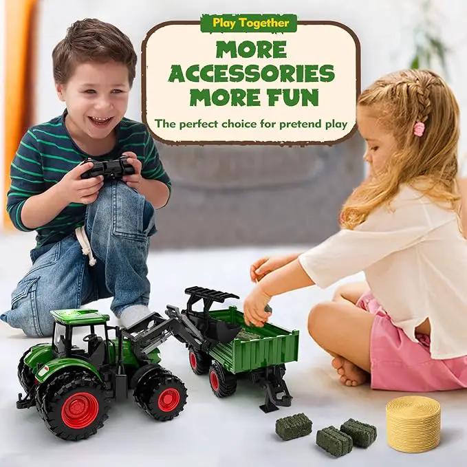 Remote Control Tractor Toy, Kids RC Tractor Set & Truck and Trailer Front Loader - Metal Car Head/8 Wheel/Light, Toddlers Farm Vehicle Toys for 3 4 5 6 7 8 9 Year Old Boys Girls Birthday Gift by GreenHaven Gardens