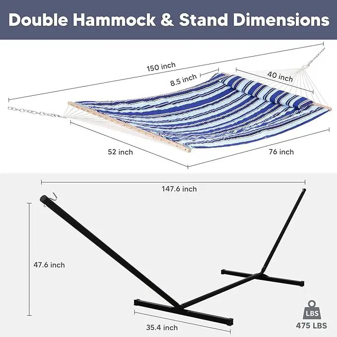 SUNCREAT Double Hammock with Stand, Two Person Cotton Rope Hammock, Blue Stripe by GreenHaven Gardens