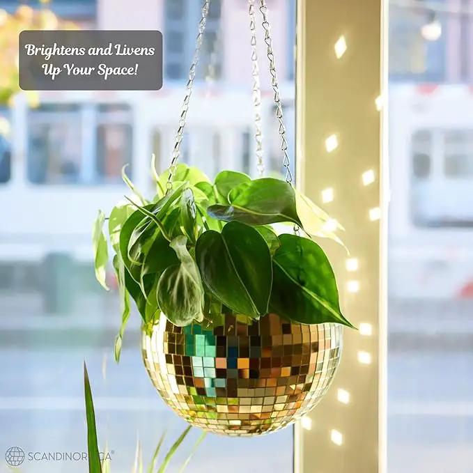 SCANDINORDICA Disco Ball Planter – Value Package: Mirror Disco Planter with Chain, Macrame Hanger and Acrylic Stand for Desk, Includes Self Watering Insert, Disco Decor | 8 inch Gold by GreenHaven Gardens