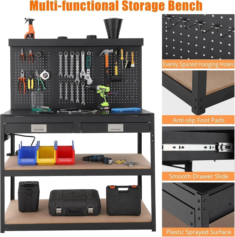 48'' 3-Tier Adjustable Workbench, Heavy Duty Workbench with Drawer and Backplate, 2000 LBS Capacity Work Table, Suitable for Office, Garage, Workshop by GreenHaven Gardens