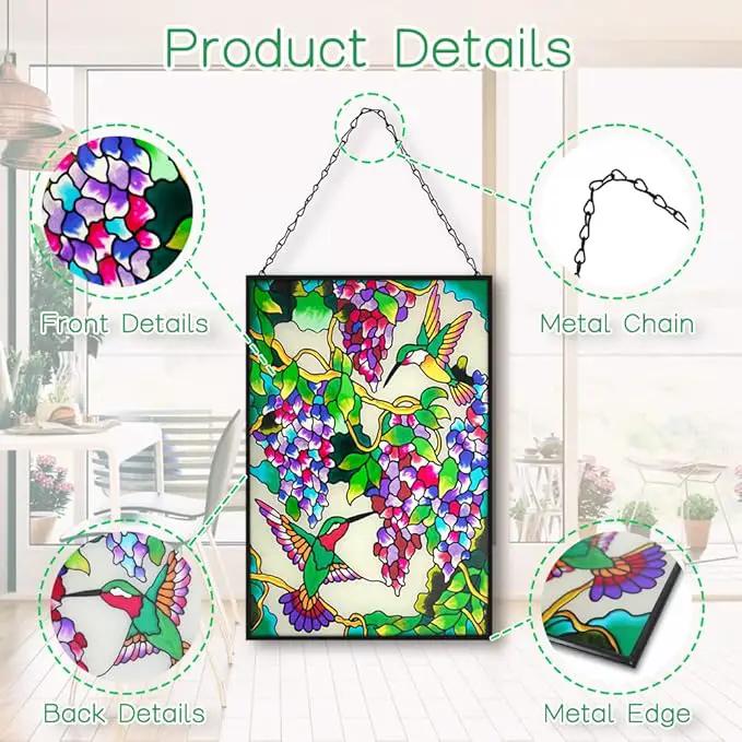 VEWOGARDEN Hummingbird Stained Glass Window Hangings 10" W x 15" H Bird Suncatcher Panel with Chain Windows Hanging Decor Ornament Gift by GreenHaven Gardens