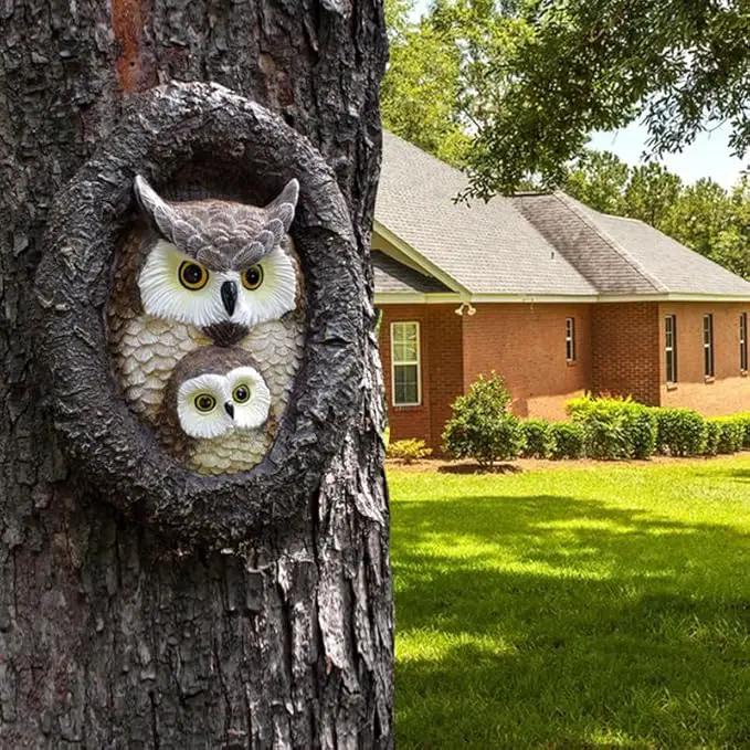 Owl Mom and Owlet Tree Hugger, Outdoor Garden Sculpture Tree Faces, Owl Bird Garden Resin Statue, Tree Peeker Ornament, Durable & Waterproof, Decorations Gardening Presents for Housewarming Birthday by GreenHaven Gardens