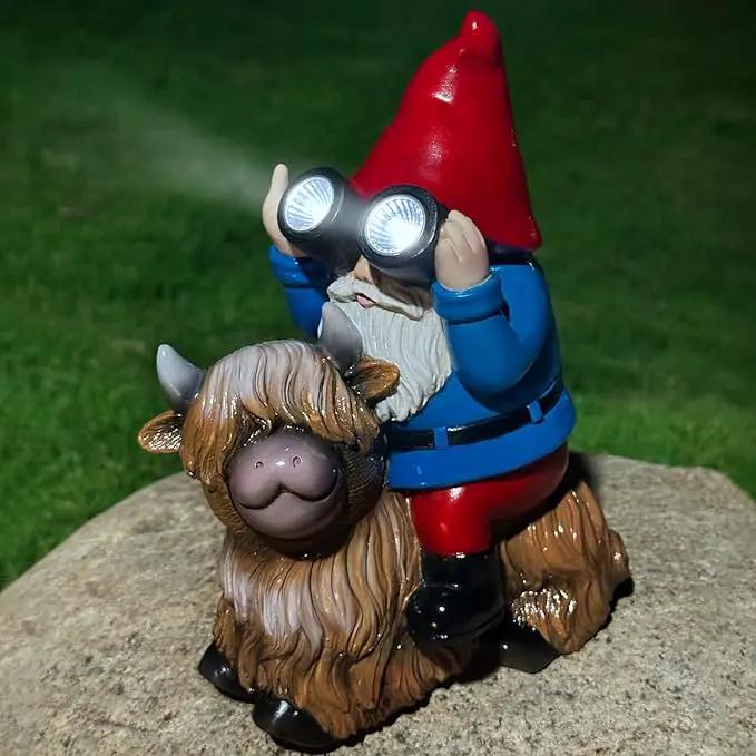 Gnome Garden Statue Solar Lights Outdoor Binoculars on Highland Cow,Birthday Gifts for Women/Men, Housewarming Gifts,Outdoor Decor for Balcony,Garden,Patio,Yard,Lawn(Cow Gnome) by GreenHaven Gardens