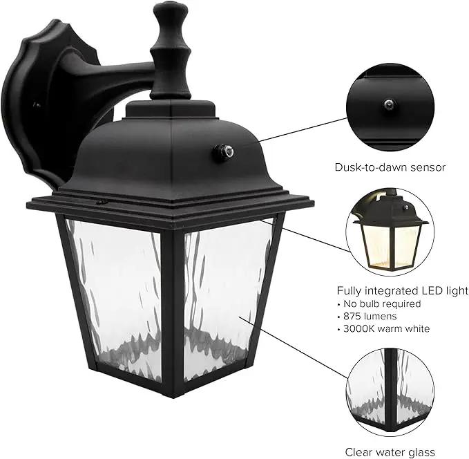 Maxxima LED Porch Lantern Outdoor Wall Light Fixture - Black, Clear Water Glass, Photocell Sensor, 875 Lumens, 3000K Warm White, Dusk to Dawn Light Sensor, Exterior Decorative Light by GreenHaven Gardens