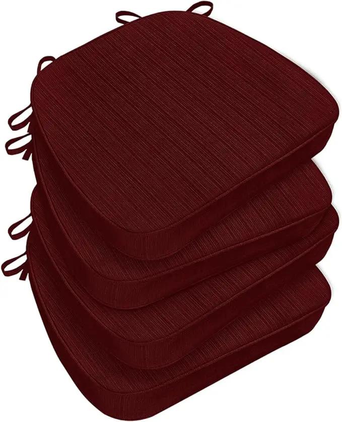 Chair Cushions for Dining Chairs, Indoor Chair Cushions with Ties，Waterproof Chair Pads Set of 4, Burgundy, 17x16x2.5 Inch by GreenHaven Gardens