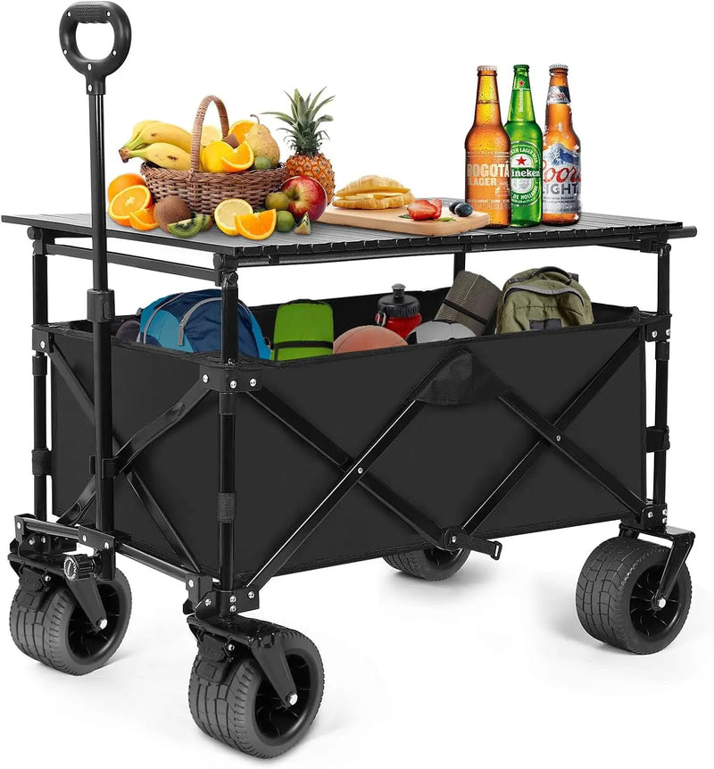 Collapsible Wagon with Table, Large Capacity Foldable Wagons Carts, Beach Wagon with Big Wheels, Heavy Duty Beach Car Utility Wagon for Outdoor Park, Shopping, Sports, Camping, Garden by GreenHaven Gardens