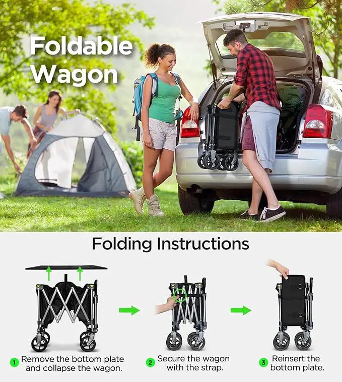 Beach Wagon,Collapsible Wagon 220lbs with Big Wheels FoldableWagon Carts,Portable Utility for Garden Grocery Sports Camping All Terrain-Black by GreenHaven Gardens