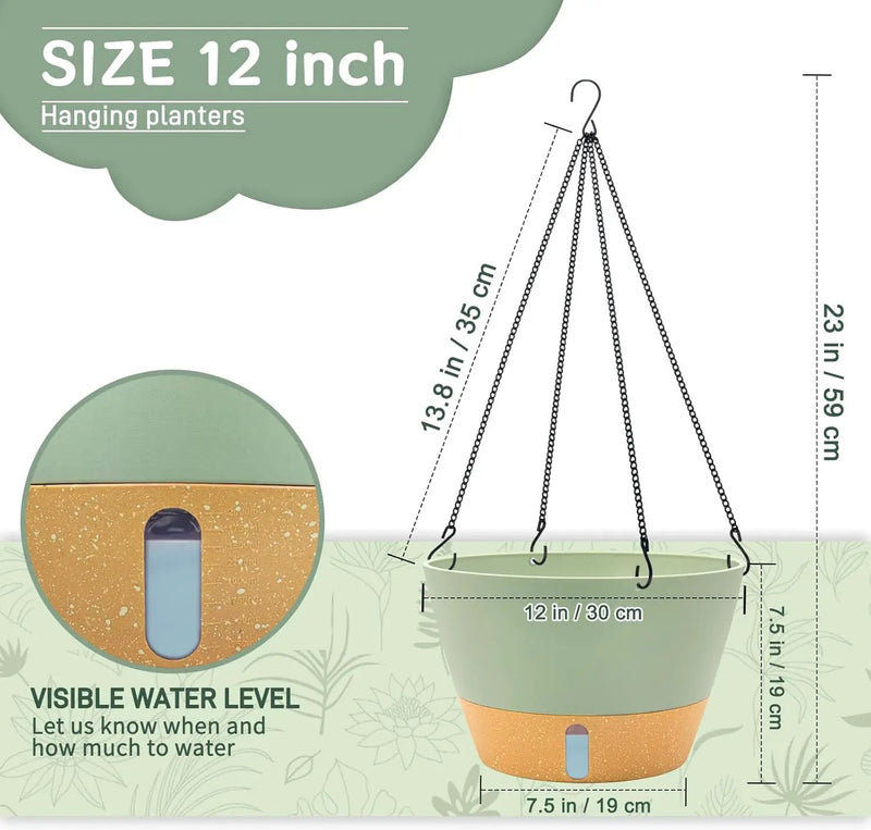 ZMTECH 12 Inch Large Hanging planters for Indoor, 2 Pack Self Watering Plant Pot for Outdoor Garden Porch, Hanging Flower Pot with Visible Water Level & Removable Tray(12Inch, Green) by GreenHaven Gardens