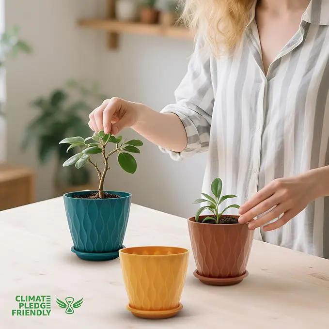 4 inch Plant Pots, 5 Pack Flower Pots Outdoor Indoor, Planters with Drainage Holes and Tray Saucers（（Multicolor） by GreenHaven Gardens