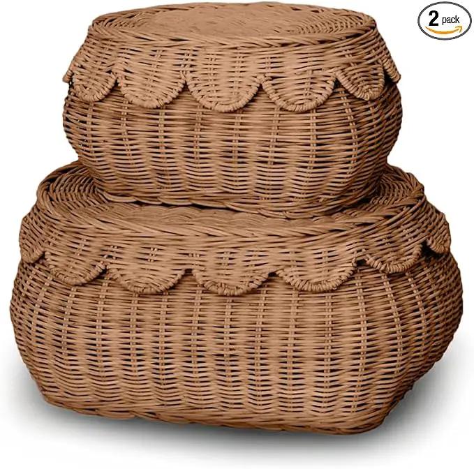 BEBE BASK The Original Scalloped Basket Set Of 2 - Small Scallop Basket - 15 x 10 x 6 In - Hand-Woven & Award-Winning - Elegant Wicker With Scalloped Edge Lid - Nursery Storage - (Mocca) by GreenHaven Gardens