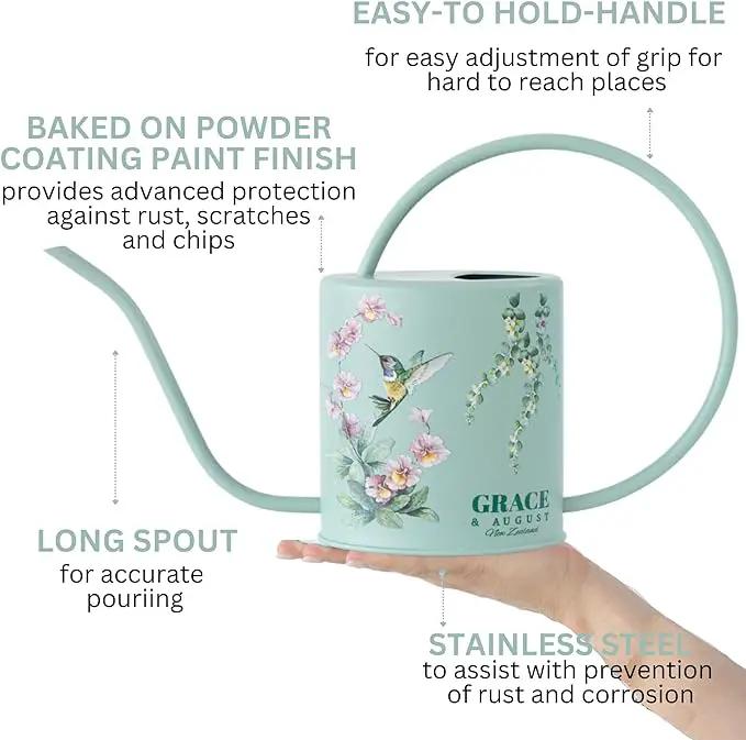 Watering Can for Indoor House Plants - Cute Decorative Metal Gardening Small Water Can for Houseplants & Flowers with Long Spout - 1.5L 51floz 0.4 Gallon (Hummingbird Sage) by GreenHaven Gardens