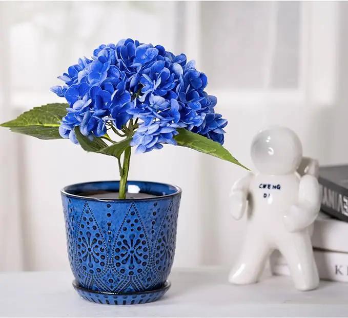Gepege 6 Inch Beaded Ceramic Planter Set of 2 with Drainage Hole and Saucer for Plants, Indoor-Outdoor Large Round Succulent Orchid Flower Pot (Blue, for Inner-pots not Larger Than 5 Inch) by GreenHaven Gardens