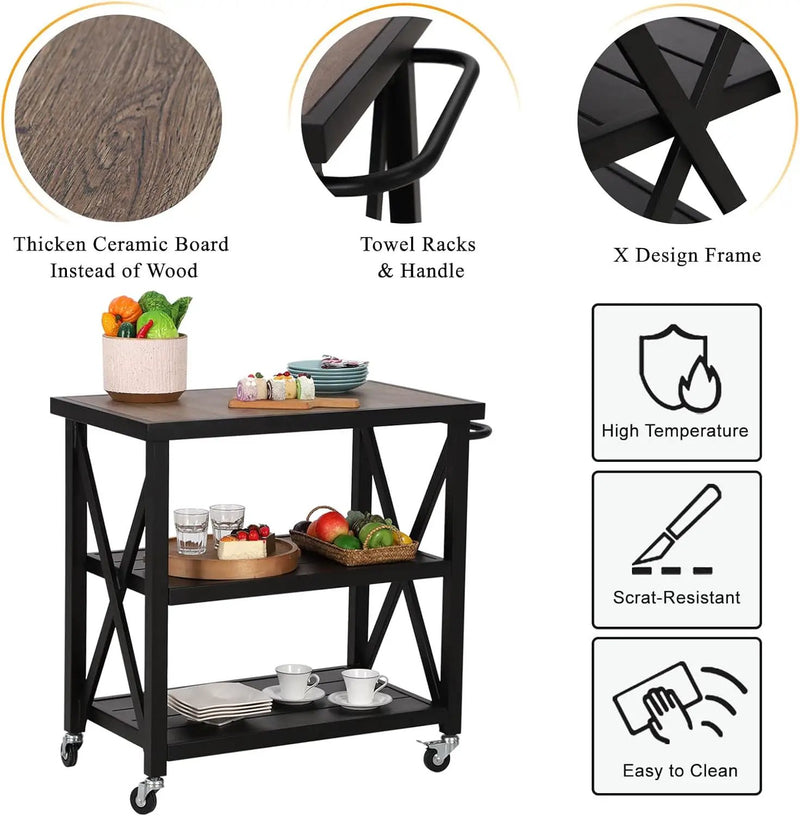 PHI VILLA Outdoor Grill Table, Elegant Grill Cart with Ceramic Wood Grain Table Top, Serving Cart with Shelves, Patio Grilling Backyard BBQ Grill Cart, Black by GreenHaven Gardens