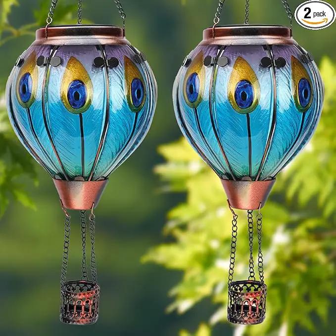 2PCS Solar Hot Air Balloon Lanterns with Flame with Shepherd's Hooks, Glass Hanging Flickering Lights Outdoor Waterproof for Garden Tree Yard Patio Mother's Day Gift, 18" H Peacock-Blue by GreenHaven Gardens