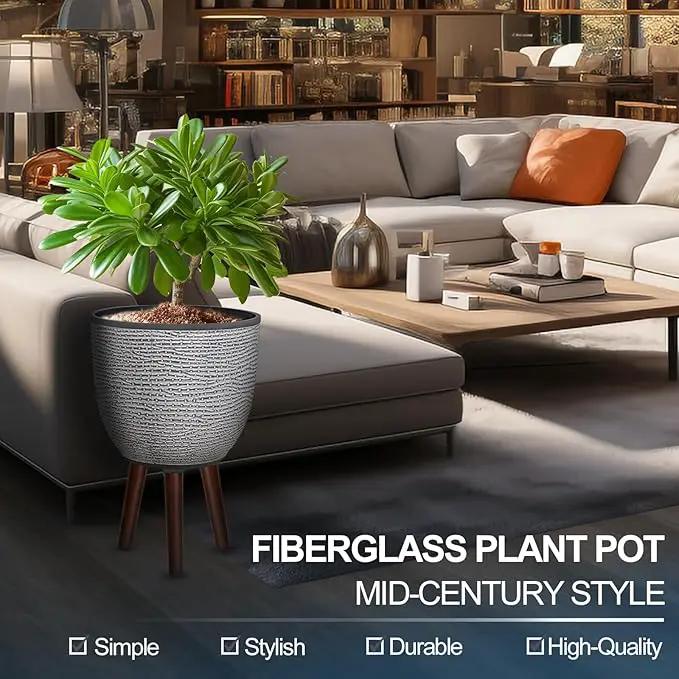 12 Inches Plant Pot with Stand, Large Decorative Standing Planters with Drainage Holes for Indoor Plants, Modern Gray Flower Pots with Legs by GreenHaven Gardens