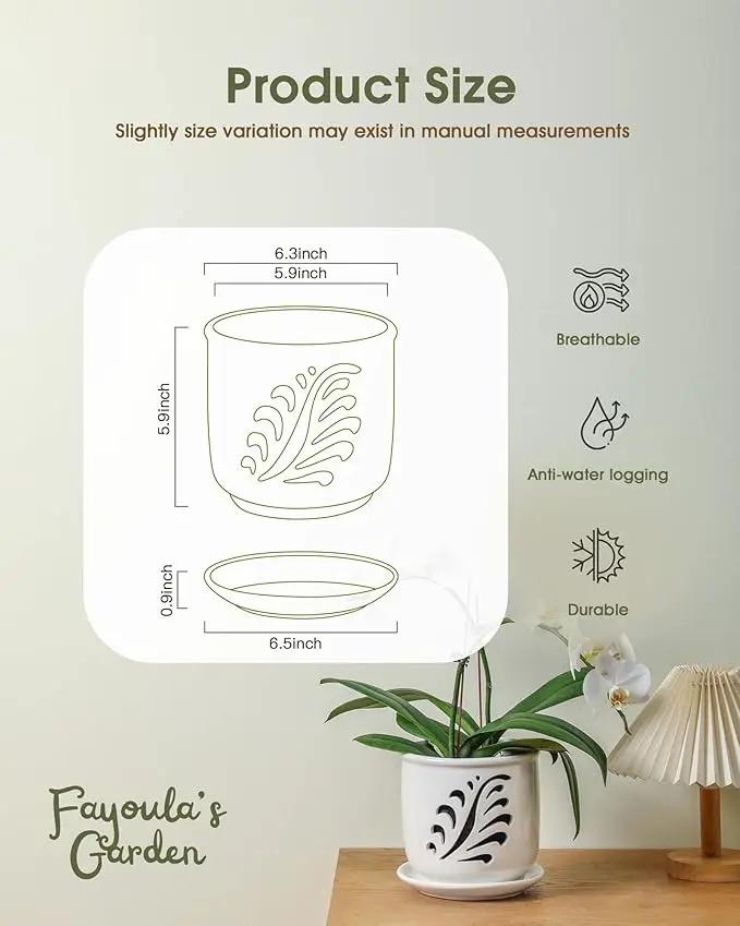 Ceramic Orchid Pot, 6 Inch Orchid Pots with Holes and Saucer for Indoor/Outdoor Plants Drainage & Air Circulation, White Orchid Planter for Repotting or New Plants by GreenHaven Gardens