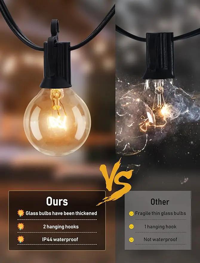 Outdoor String Light 50Feet G40 Globe Patio Lights with 52 Edison Glass Bulbs(2 Spare), Waterproof Connectable Hanging Christmas Lights for Backyard Porch Balcony Party Xmas Decor, E12 Socket, Black by GreenHaven Gardens