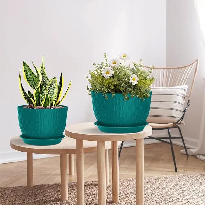 Plant Pots 12/10/9 Inch Pots, Set of 3 Plastic Planters with Drainage Holes and Saucers,Plastic Flower Pots,Nursery Planting Pot for Indoor Out Door Plants（Teal） by GreenHaven Gardens