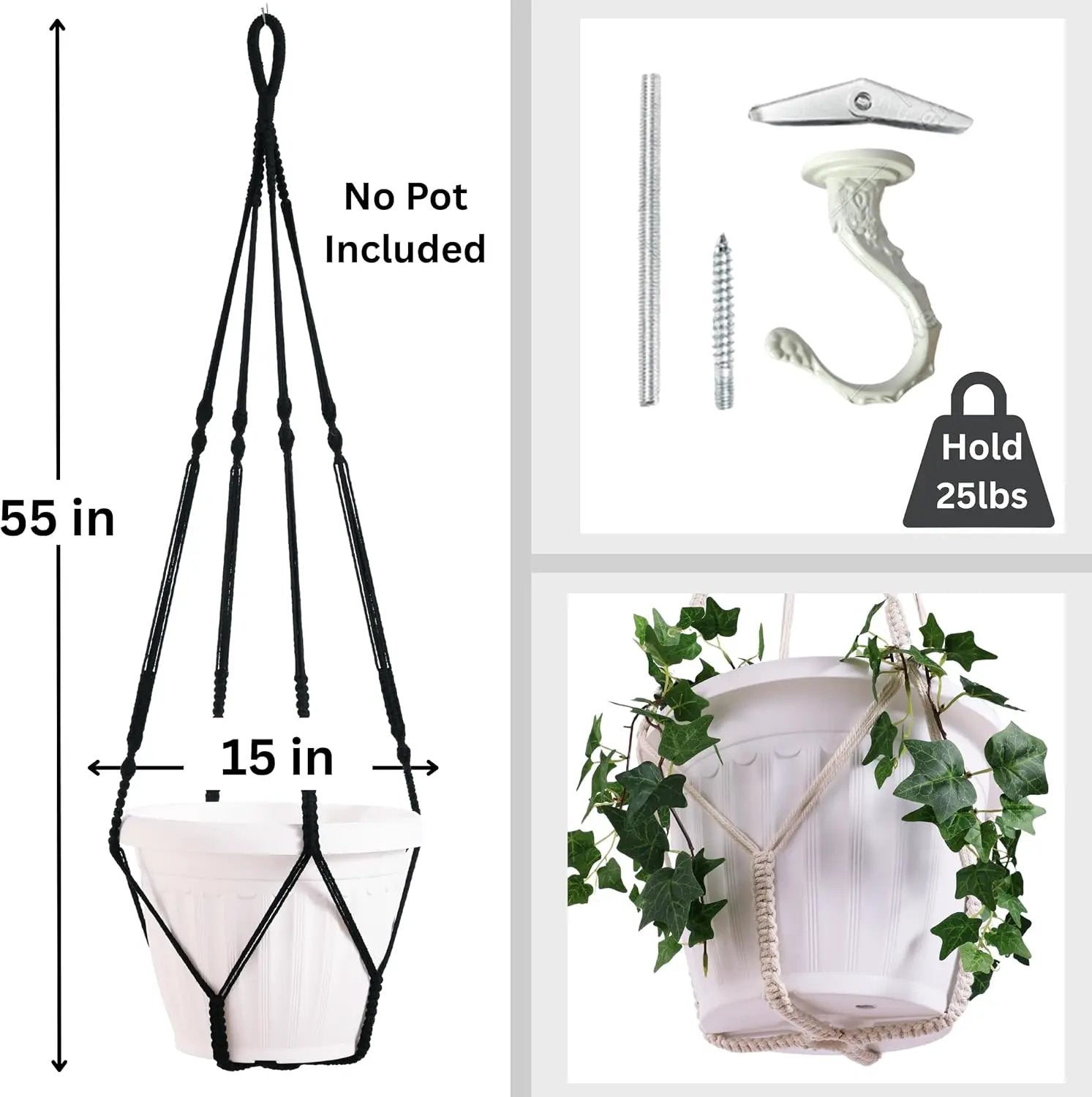 2 Pack Giant XXL 55 Inches Macrame Planter Hanger Large for 15 inch Pot + Swag Hook | Extra Large Hanging Planter for Indoor Plants | No Pot/Plant Included (XXL Black) by GreenHaven Gardens
