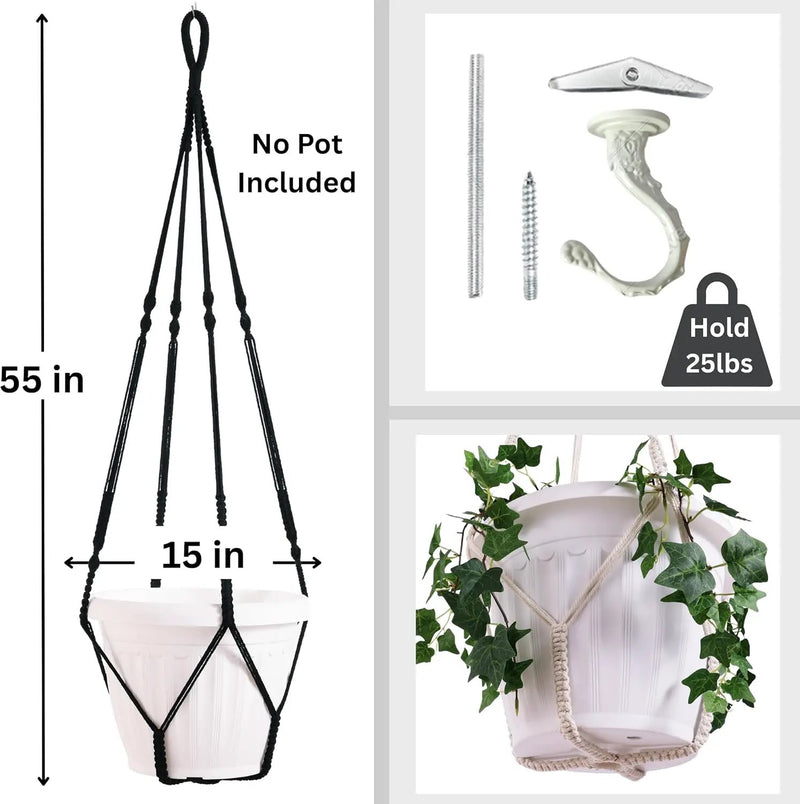 2 Pack Giant XXL 55 Inches Macrame Planter Hanger Large for 15 inch Pot + Swag Hook | Extra Large Hanging Planter for Indoor Plants | No Pot/Plant Included (XXL Black) by GreenHaven Gardens