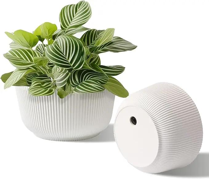 T4U 10 Inch Self Watering Pots for Indoor Plants, Plastic Plant Pots with Drainage Hole, Large Flower Pots for Indoor Outdoor Plants Cactus, Garden, Set of 2, White